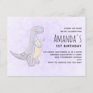 Cartão Postal De Convite Presente de Aniversário de Dinossauro Cinza Fofo e