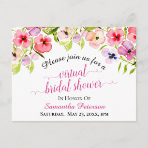 Cartão Postal De Convite Primavera Watercolor Pansies Chá de panela Virtual