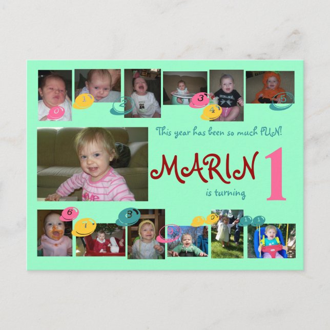 Cartão Postal De Convite primeiro aniversario postal de 12 meses (Frente)