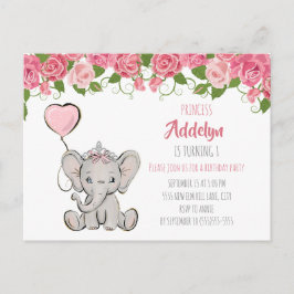 Cartão Postal De Convite Primeiro aniversario Rosa-Rosa da Princesa Elefant