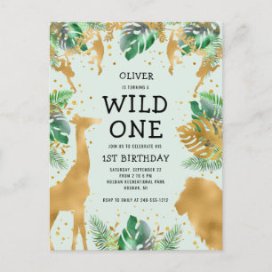 Cartão Postal De Convite Primeiro aniversario Selvagem Safari Selvagem Verd