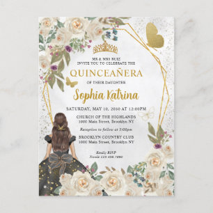 Cartão Postal De Convite Princesa Floral Dourada Negra Quinceañera