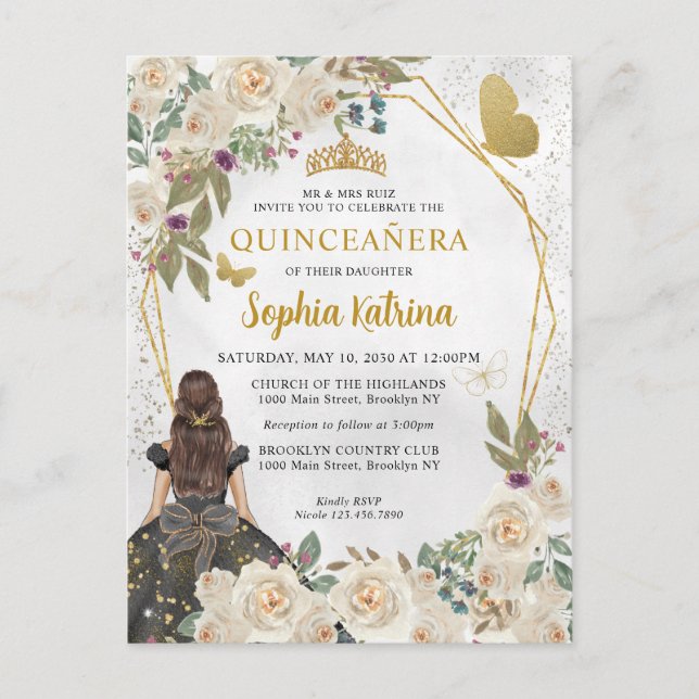 Cartão Postal De Convite Princesa Floral Dourada Negra Quinceañera (Frente)