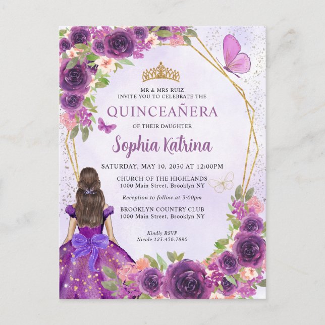 Cartão Postal De Convite Princesa Floral Dourada Roxa Escura Quinceañera (Frente)