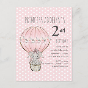Cartão Postal De Convite Princesa Rosa Elefante Balão Pontos 2º Aniversário