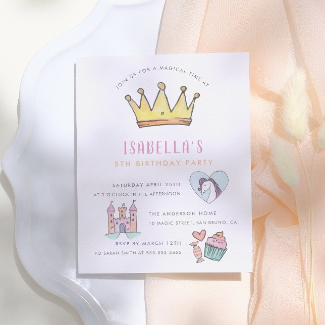 Cartão Postal De Convite Princesa Unicórnio & Castelo Festa de Aniversário  (Criador carregado)