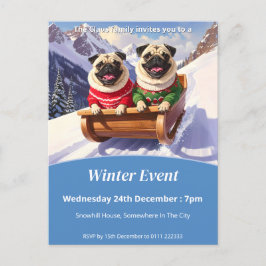 Cartão Postal De Convite Pug Sled Ride Christmas