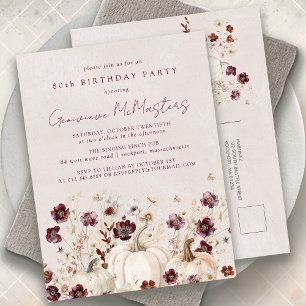 Cartão Postal De Convite Pumpkin Branco Borgonha 80 Wildflower Aniversário