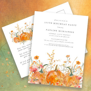 Cartão Postal De Convite Pumpkin Wildflower Fall 100ª Festa de aniversário
