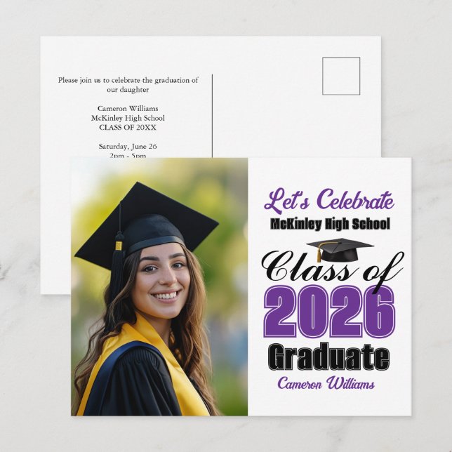 Cartão Postal De Convite Purple Class of 2026 Photo Graduation Party (Frente/Verso)
