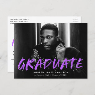 Cartão Postal De Convite Purple Paint Splatter Photo Graduation Party