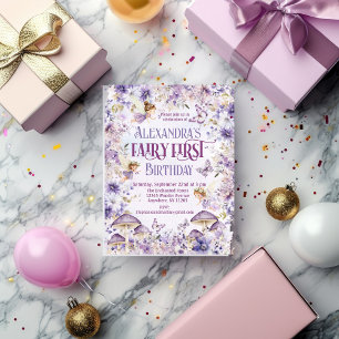 Cartão Postal De Convite Púrpura Aquarela Fada Floral Primeiro Aniversário