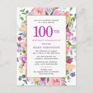 Cartão Postal De Convite Púrpura Floral Rosa 100º Aniversário