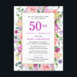 Cartão Postal De Convite Púrpura Floral Rosa 50º Aniversário<br><div class="desc">Flores coloridas lindas, combinadas, apresentam flores cor-de-rosa, roxa e amarela cremosa. A celebração de aniversário e o nome do celebrante também são roxos. Folhas verdes brilhantes adicionam uma vibração botânica moderna. Este convite faz parte da coleção Festivo Floral 50º Aniversário. Ele contém modelos fáceis de usar para criar convites bonito...</div>