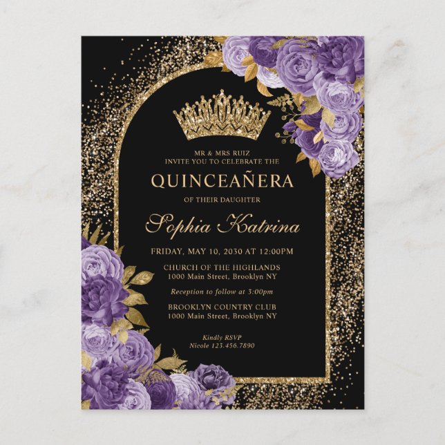 Cartão Postal De Convite Púrpura Negra Pasta Dourada Glitter Quinceanera Fl (Frente)
