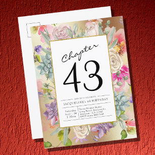 Cartão Postal De Convite Qualquer Ano Dourado de Aniversário Floral
