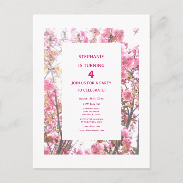 Cartão Postal De Convite Quarto Aniversário Cereja Rosa de Quarta Idade Per (Frente)