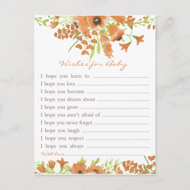 Cartão Postal De Convite Queda Chá de fraldas Floral Desejos para Bebê (Frente)