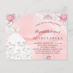 Cartão Postal De Convite Quinceanera blush cor-de-rosa vestido tiara floral