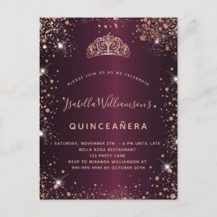 Cartão Postal De Convite Quinceanera burgundy rosa dourado poeira tiara