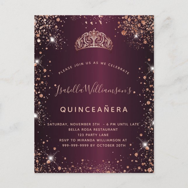 Cartão Postal De Convite Quinceanera burgundy rosa dourado poeira tiara (Frente)