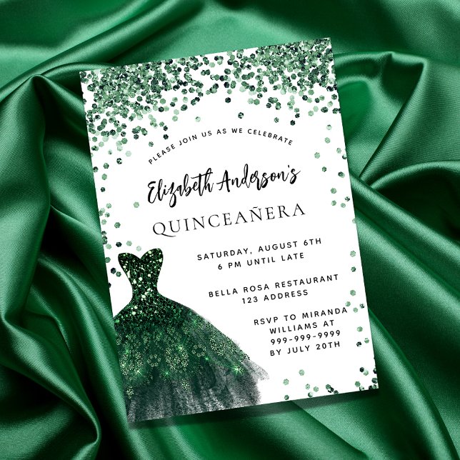 Cartão Postal De Convite Quinceanera emerald green vestido branco (Criador carregado)