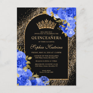 Cartão Postal De Convite Quinceanera Floral Dourada Azul Real Preta
