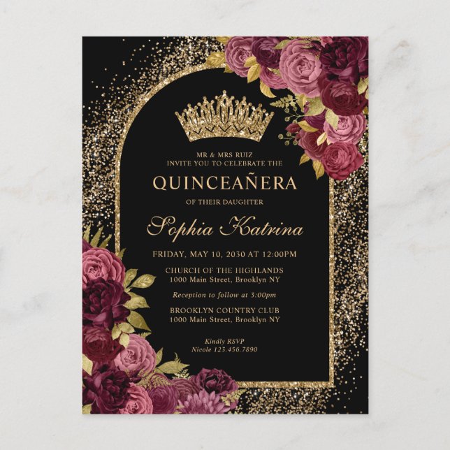 Cartão Postal De Convite Quinceanera Floral Dourada Vermelha Burgundia Negr (Frente)