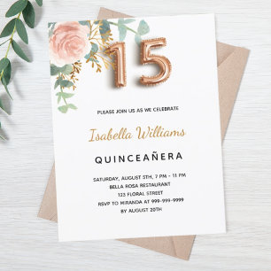 Cartão Postal De Convite Quinceanera floral rosa de ouro eucalipto verde