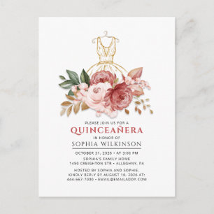 Cartão Postal De Convite Quinceanera Floral Rústico Vestido Dourado Falso 1