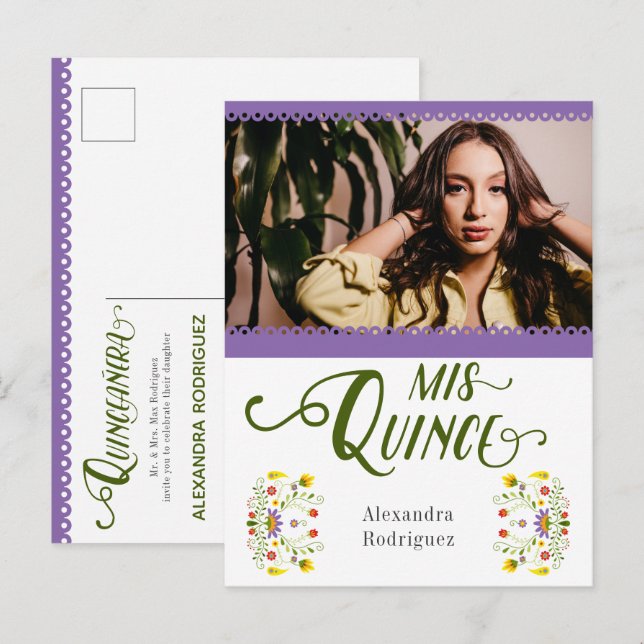 Cartão Postal De Convite Quinceanera Foto Floral Do México Tradicional Roxo (Frente/Verso)