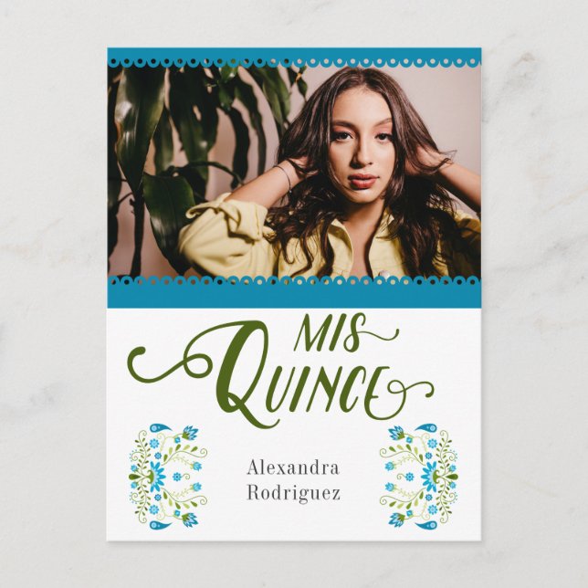 Cartão Postal De Convite Quinceanera Foto Floral Mexicana Tradicional Azul (Frente)