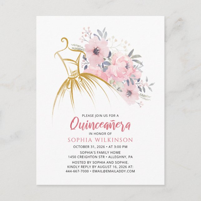 Cartão Postal De Convite Quinceanera Moderna 15 Floral Aniversário (Frente)