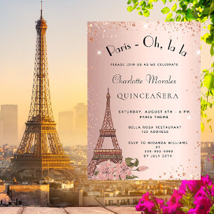 Cartão Postal De Convite Quinceanera Paris Eiffel torre rosa dourada