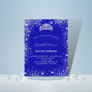 Cartão Postal De Convite Quinceanera, pó azul real de prata, tiara