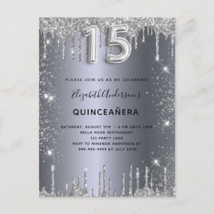 Cartão Postal De Convite Quinceanera pó de cinzas prateadas