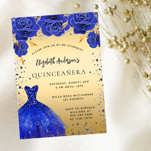 Cartão Postal De Convite Quinceanera real de ouro azul esfolado florais