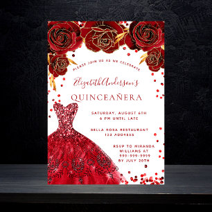 Cartão Postal De Convite Quinceanera red White dress rosas glamorosos