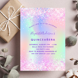 Cartão Postal De Convite Quinceanera rosa-púrpura holográfico