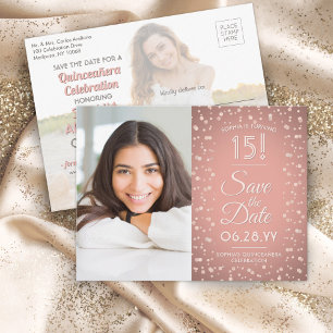 Cartão Postal De Convite Quinceañera Salve a Data 2 FotoRosa Dourado Rosa