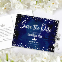 Quinceañera Save Date Marinho Silver Glitter Crown