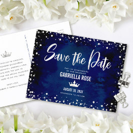 Cartão Postal De Convite Quinceañera Save Date Marinho Silver Glitter Crown