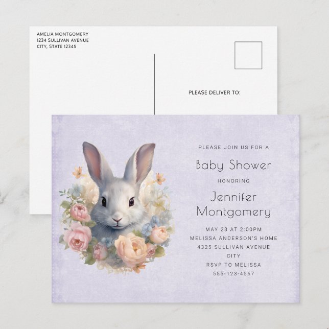 Cartão Postal De Convite Rabbit Surrounded by Pastel Flowers Cute Birthday (Frente/Verso)