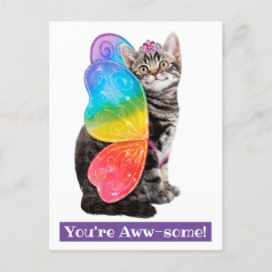 Cartão Postal De Convite Rainbow Butterfly Princess Kitten