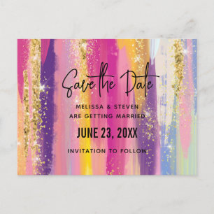 Cartão Postal De Convite Rainbow Stripes com Faux Glitter Salve a Data