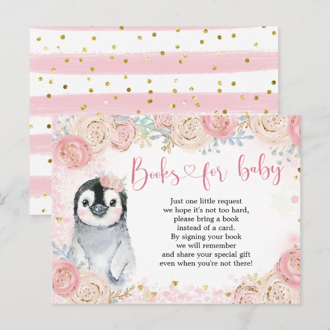 Cartão Postal De Convite Rapariga Pinguim Inverno Floco de Neve Livros para (Frente/Verso)