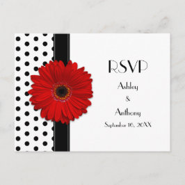 Cartão Postal De Convite Red Daisy Black White Bolinhas Casamento RSVP