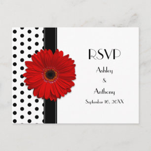 Cartão Postal De Convite Red Daisy Black White Bolinhas Casamento RSVP