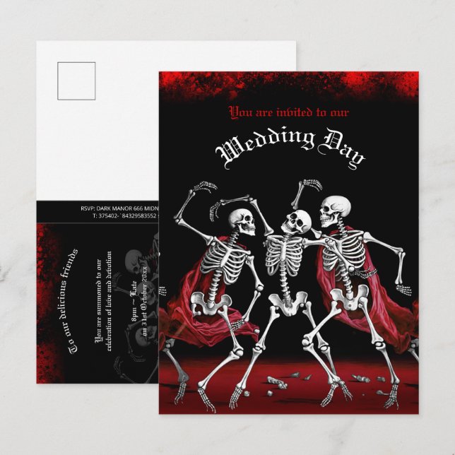 Cartão Postal De Convite Red Death Dancing Skeletons Casamento Gótico (Frente/Verso)