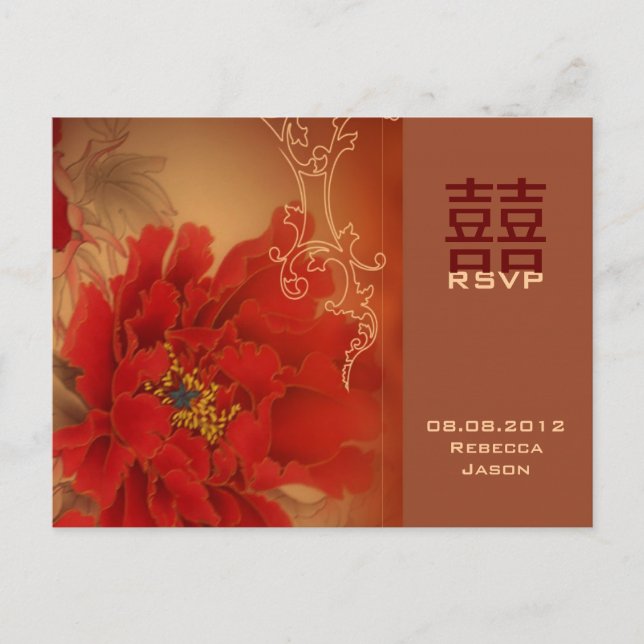 Cartão Postal De Convite Red Peony Dupla Felicidade Chinesa RSVP (Frente)